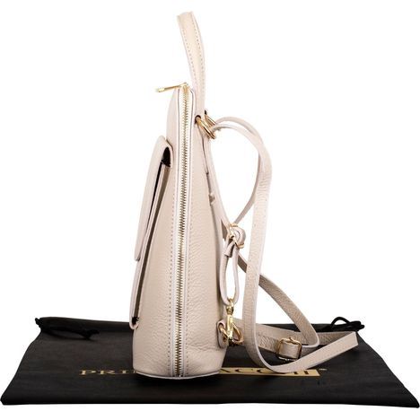 primo sacchi romana cream italian textured leather backpack shoulder crossbody and grab bag from the side to show the slim triangular profile