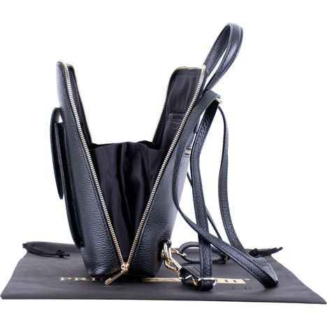 primo sacchi romana black italian textured leather backpack shoulder crossbody and grab bag open from the side showing the black material gusseted sides