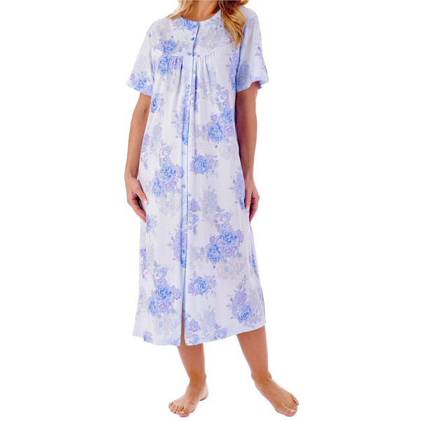 Womens Summer Large Floral Print Full Button Up Cotton Jersey Nightdress