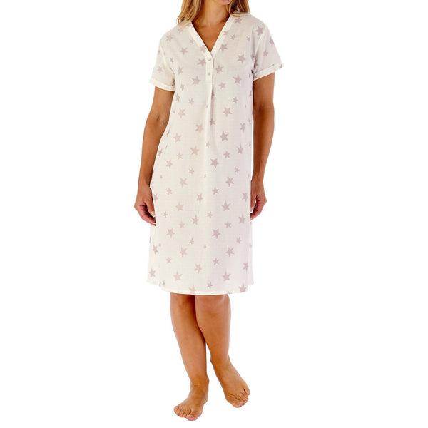 Womens Summer Nightdress Cream with Grey or Pink Embroidered Star Design 40" Short Sleeve Cotton Rich