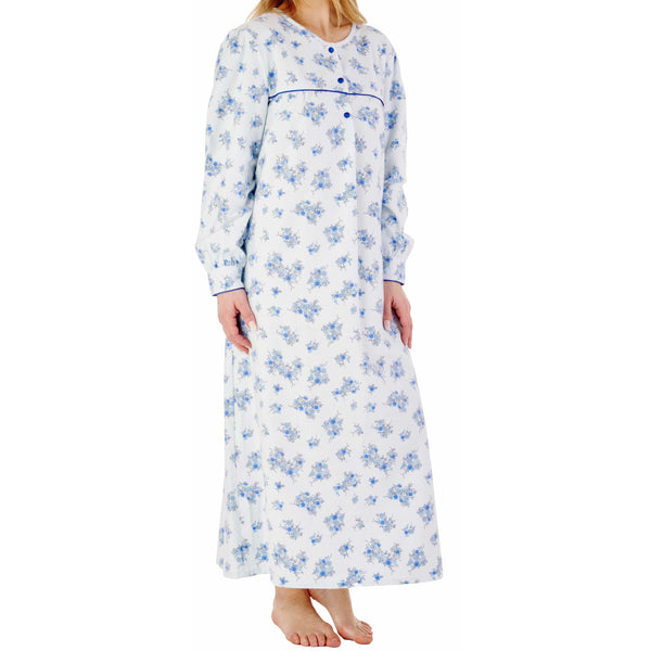 Womens 51"/129.5cm Blue Soft Brushed Cotton Long Sleeved Round Neck Nightdress