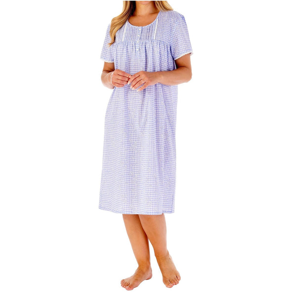 Womens Summer Gingham & Rose Print 42" Short Sleeve Cotton Nightdress