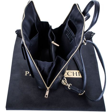 primo sacchi romana black italian textured leather backpack shoulder crossbody and grab bag from above and the side showing tha black polycotton interior pockets and compartments