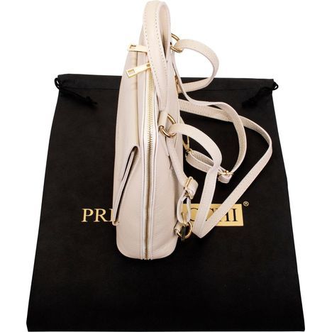 primo sacchi romana cream italian textured leather backpack shoulder crossbody and grab bag from above and the side showing the gold metal full base to bas zip