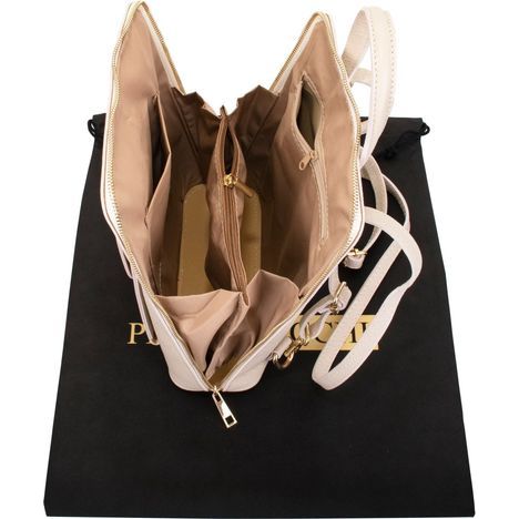 primo sacchi romana cream italian textured leather backpack shoulder crossbody and grab bag from above and the side showing tha beige polycotton interior pockets and compartments