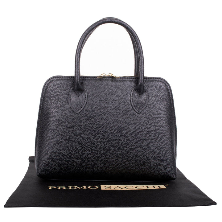 textured italian leather grab bag in black two handles base to base zip gold coloured metal pullers 