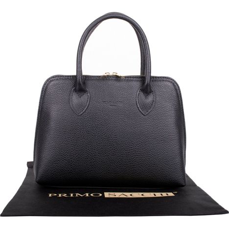 textured italian leather grab bag in black two handles base to base zip gold coloured metal pullers 