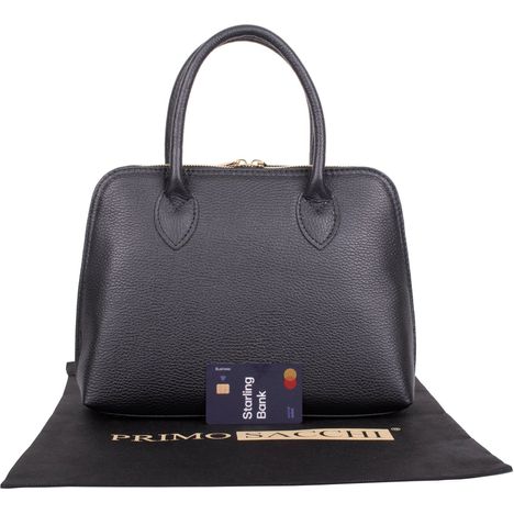 debit card to show the size of a black italian textured leather grab bag