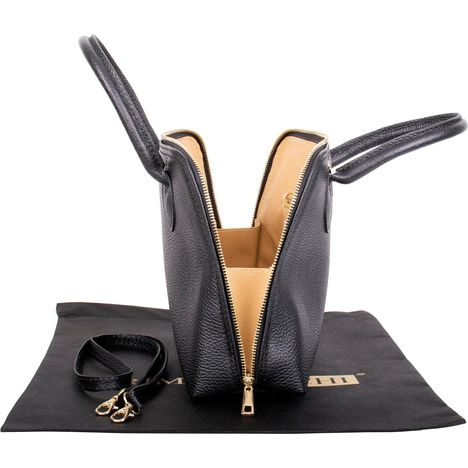 side view of an unzipped black italian leather grab bag with base to base zip