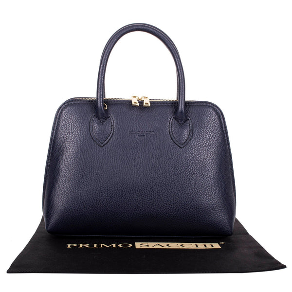 luxury womens italian leather grab bag in navy blue double handles & gold metalware