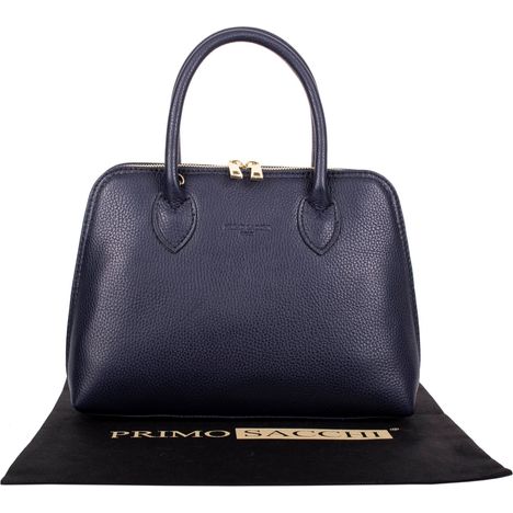 luxury womens italian leather grab bag in navy blue double handles & gold metalware