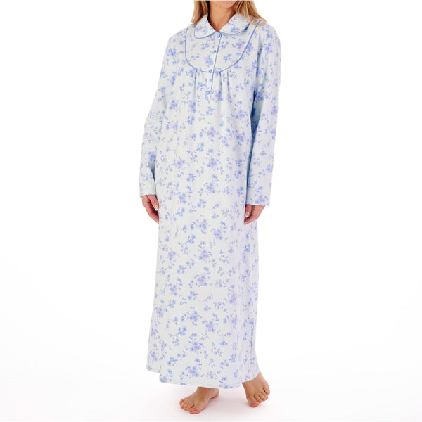 Womens 51" Floral Soft Brushed Cotton Long Sleeved Collared Nightdress