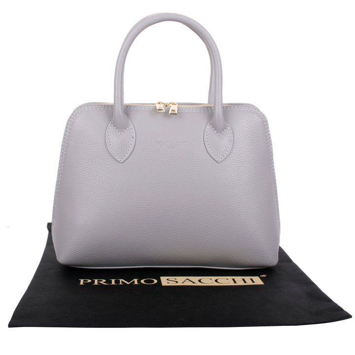 grab and shoulder bag in grey textured italian leather with double handles and gold metalware