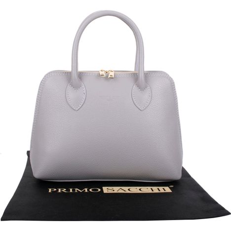 grab and shoulder bag in grey textured italian leather with double handles and gold metalware