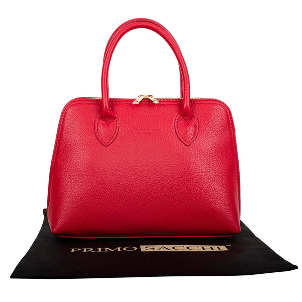 womens double handle grab bag in bright red italian textured leather with gold metalware