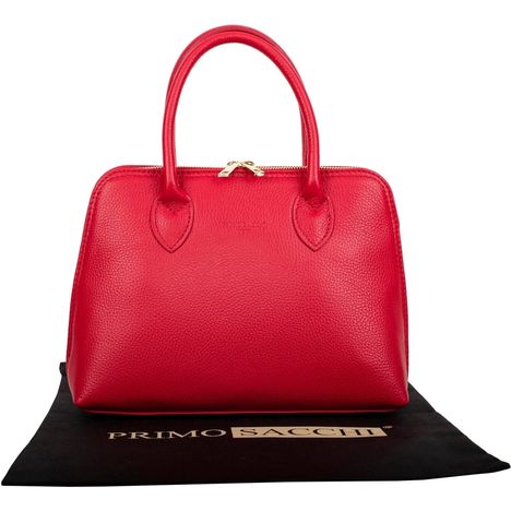 womens double handle grab bag in bright red italian textured leather with gold metalware