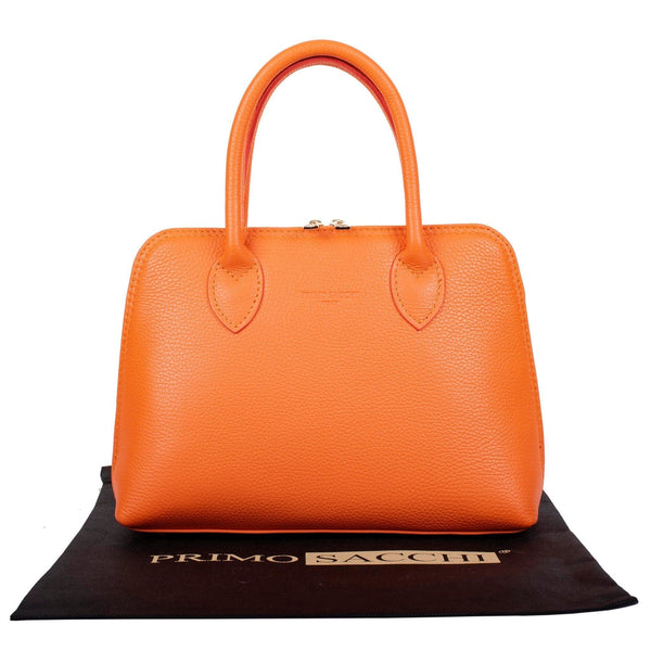 luxury italian textured leather top handle grab bag in orange with gold metalware