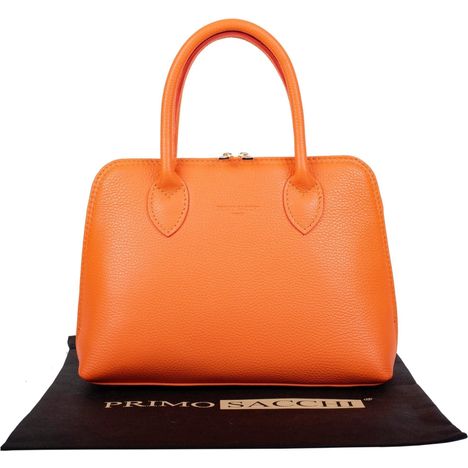 luxury italian textured leather top handle grab bag in orange with gold metalware